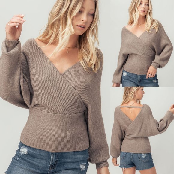 Love Tree Sweaters - NEW Mocha Wrap V Neck Dolman Sleeves Fitted Waist Cozy Soft Sexy Sweater Top